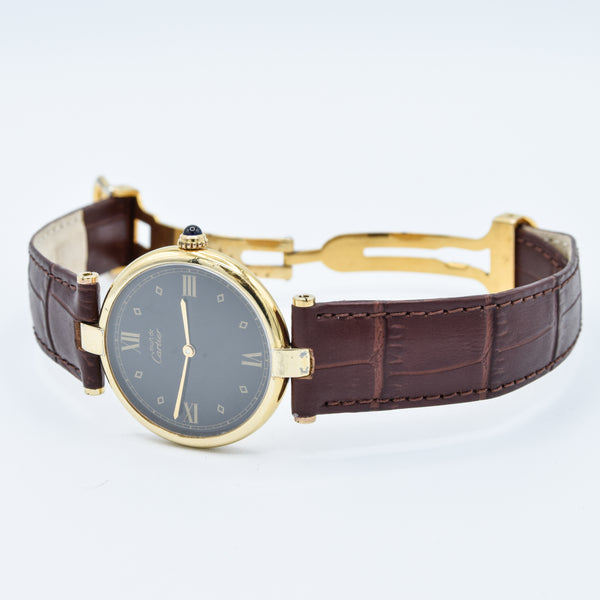 1990s Rare Black Spider Web Dial Unisex Cartier 'Must de' Ronde Vendôme in 925 Sterling Silver Gilt Vermeil Case