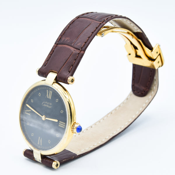 1990s Rare Black Spider Web Dial Unisex Cartier 'Must de' Ronde Vendôme in 925 Sterling Silver Gilt Vermeil Case