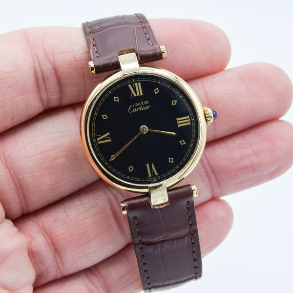 1990s Rare Black Spider Web Dial Unisex Cartier 'Must de' Ronde Vendôme in 925 Sterling Silver Gilt Vermeil Case