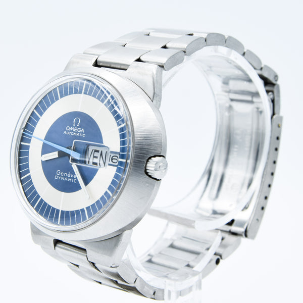 1969 Omega Geneve Dynamic Automatic French Day Date with Two Tone Silver and Blue Bullseye Dial Model 166.079 in Stainless Steel on Bracelet