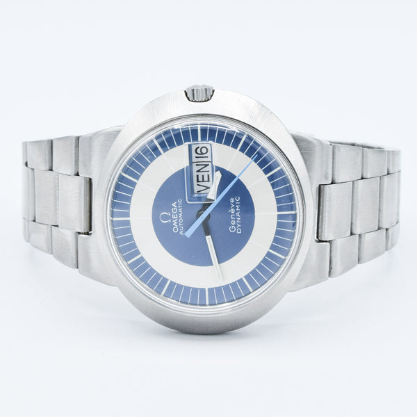 1969 Omega Geneve Dynamic Automatic French Day Date with Two Tone Silver and Blue Bullseye Dial Model 166.079 in Stainless Steel on Bracelet