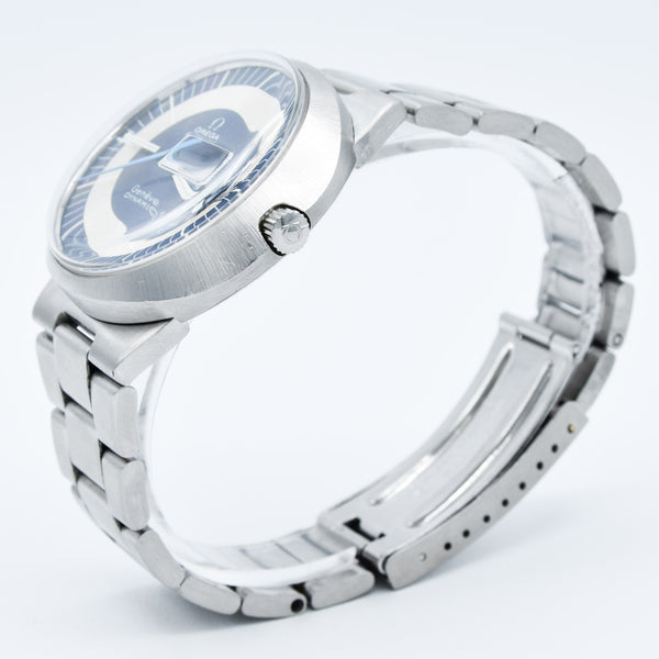 1969 Omega Geneve Dynamic Automatic French Day Date with Two Tone Silver and Blue Bullseye Dial Model 166.079 in Stainless Steel on Bracelet