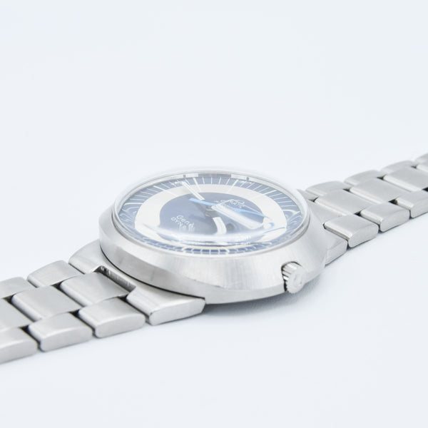 1969 Omega Geneve Dynamic Automatic French Day Date with Two Tone Silver and Blue Bullseye Dial Model 166.079 in Stainless Steel on Bracelet