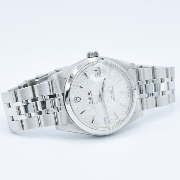 2002 Tudor Prince Date 74000N Rotor Self-Winding Wristwatch with Linen Dial Model in Stainless Steel with Box