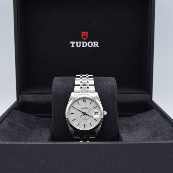 2002 Tudor Prince Date 74000N Rotor Self-Winding Wristwatch with Linen Dial Model in Stainless Steel with Box