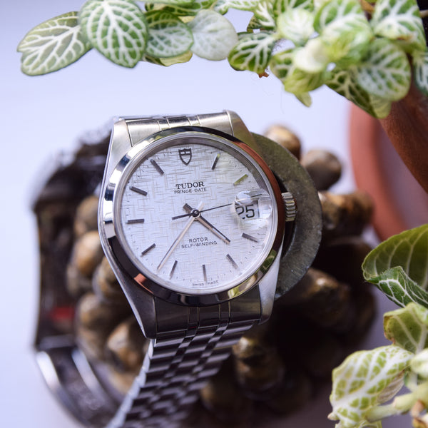2002 Tudor Prince Date 74000N Rotor Self-Winding Wristwatch with Linen Dial Model in Stainless Steel with Box