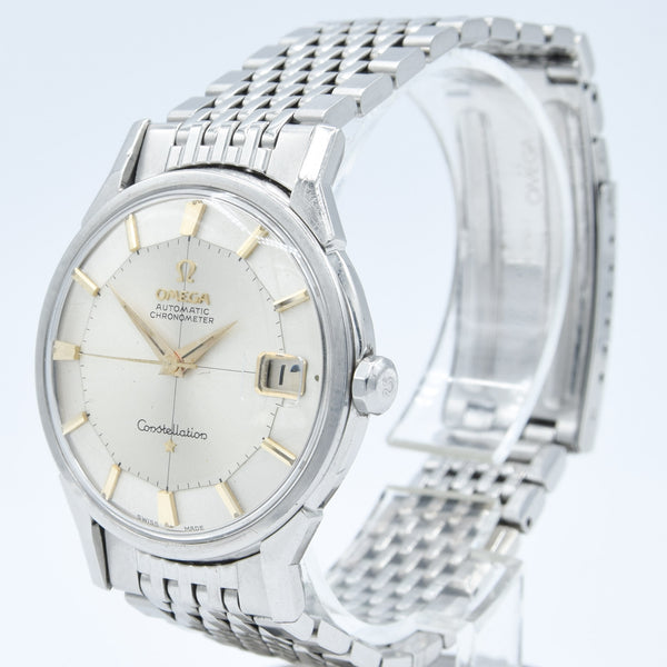 1962 Omega Constellation with Stunning Cross-Hair Pie Pan Model 14902 with Dog Legs on Flat Beads of Rice Bracelet