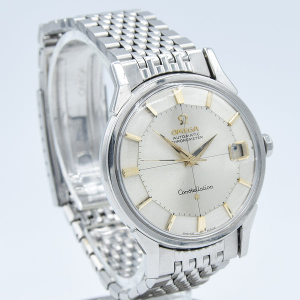1962 Omega Constellation with Stunning Cross-Hair Pie Pan Model 14902 with Dog Legs on Flat Beads of Rice Bracelet