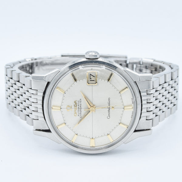 1962 Omega Constellation with Stunning Cross-Hair Pie Pan Model 14902 with Dog Legs on Flat Beads of Rice Bracelet