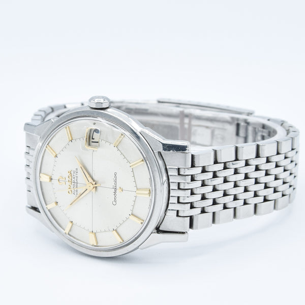 1962 Omega Constellation with Stunning Cross-Hair Pie Pan Model 14902 with Dog Legs on Flat Beads of Rice Bracelet