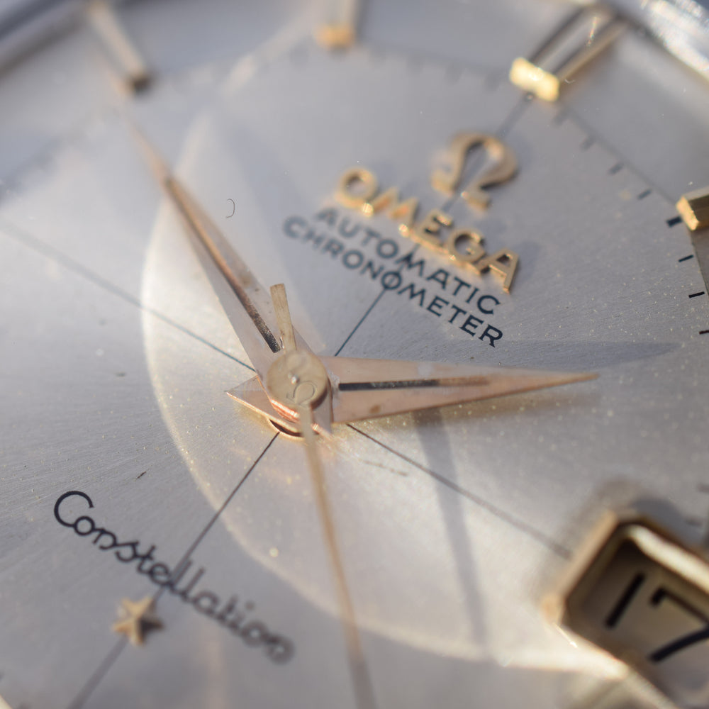 1962 Omega Constellation with Stunning Cross-Hair Pie Pan Model 14902 with Dog Legs on Flat Beads of Rice Bracelet