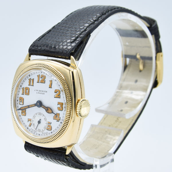 1933 JW Benson Submarine Watch with Enamel Dial and Arabic Numerals in 18ct Gold Cushion Case