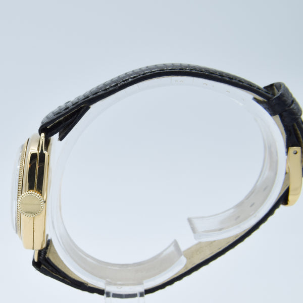 1933 JW Benson Submarine Watch with Enamel Dial and Arabic Numerals in 18ct Gold Cushion Case