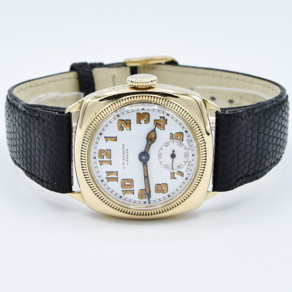 1933 JW Benson Submarine Watch with Enamel Dial and Arabic Numerals in 18ct Gold Cushion Case