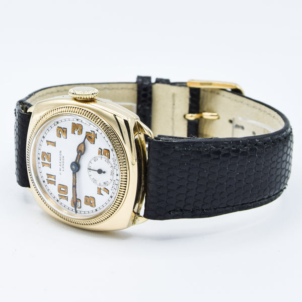 1933 JW Benson Submarine Watch with Enamel Dial and Arabic Numerals in 18ct Gold Cushion Case
