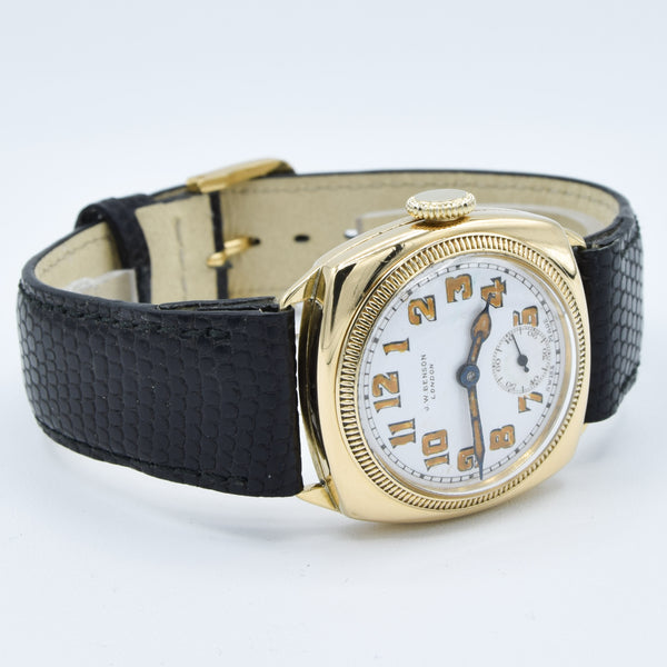 1933 JW Benson Submarine Watch with Enamel Dial and Arabic Numerals in 18ct Gold Cushion Case