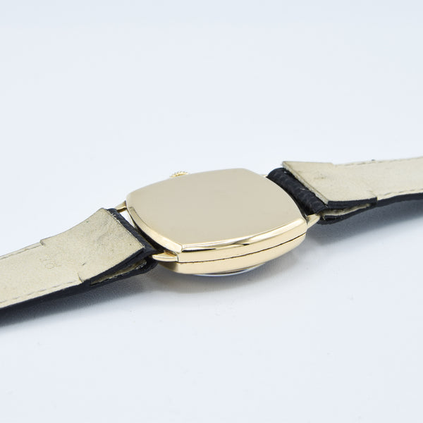 1933 JW Benson Submarine Watch with Enamel Dial and Arabic Numerals in 18ct Gold Cushion Case