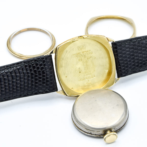 1933 JW Benson Submarine Watch with Enamel Dial and Arabic Numerals in 18ct Gold Cushion Case