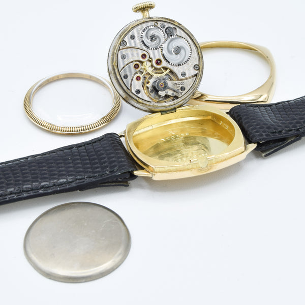 1933 JW Benson Submarine Watch with Enamel Dial and Arabic Numerals in 18ct Gold Cushion Case