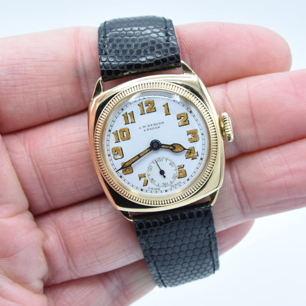 1933 JW Benson Submarine Watch with Enamel Dial and Arabic Numerals in 18ct Gold Cushion Case