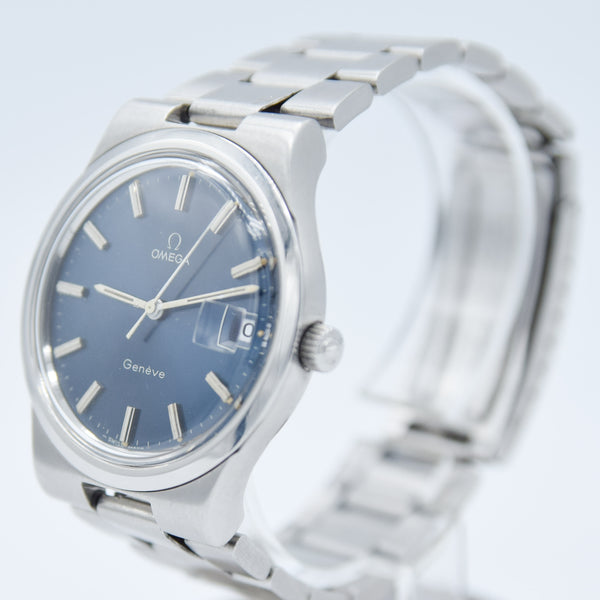 1978 Omega Geneve Date with Stunning Original Electric Blue Dial Model 136.0103 on Bracelet
