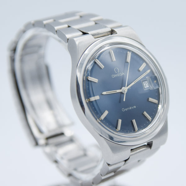 1978 Omega Geneve Date with Stunning Original Electric Blue Dial Model 136.0103 on Bracelet