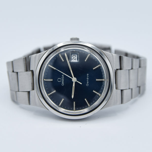 1978 Omega Geneve Date with Stunning Original Electric Blue Dial Model 136.0103 on Bracelet