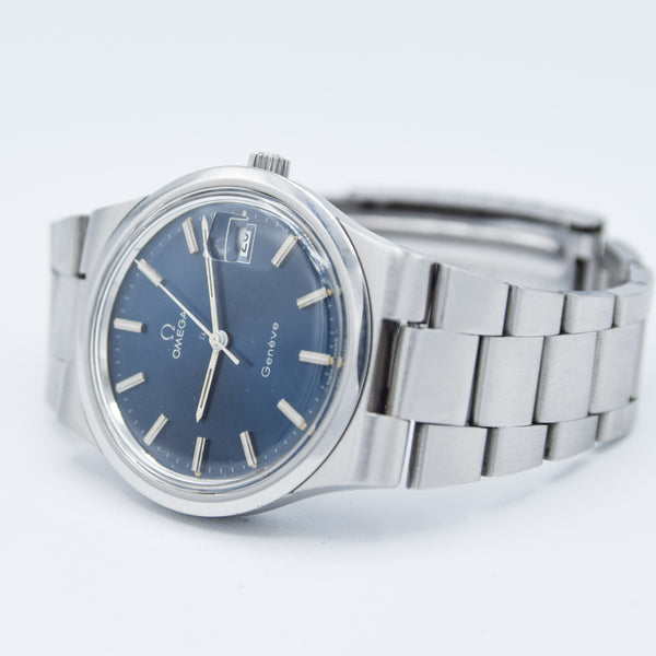 1978 Omega Geneve Date with Stunning Original Electric Blue Dial Model 136.0103 on Bracelet