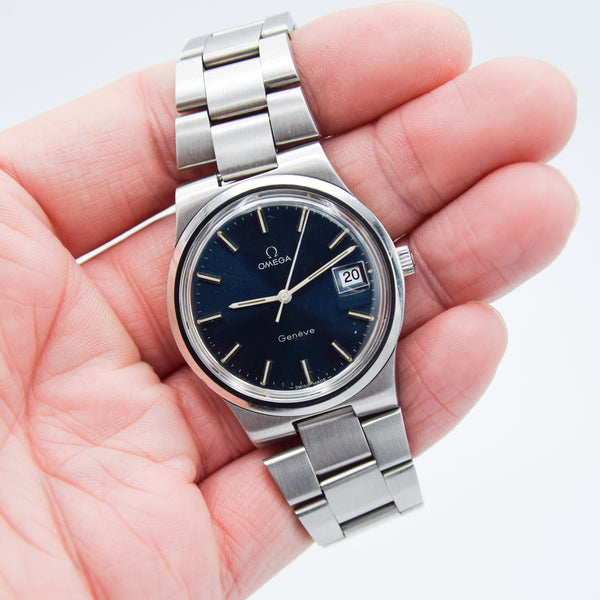 1978 Omega Geneve Date with Stunning Original Electric Blue Dial Model 136.0103 on Bracelet