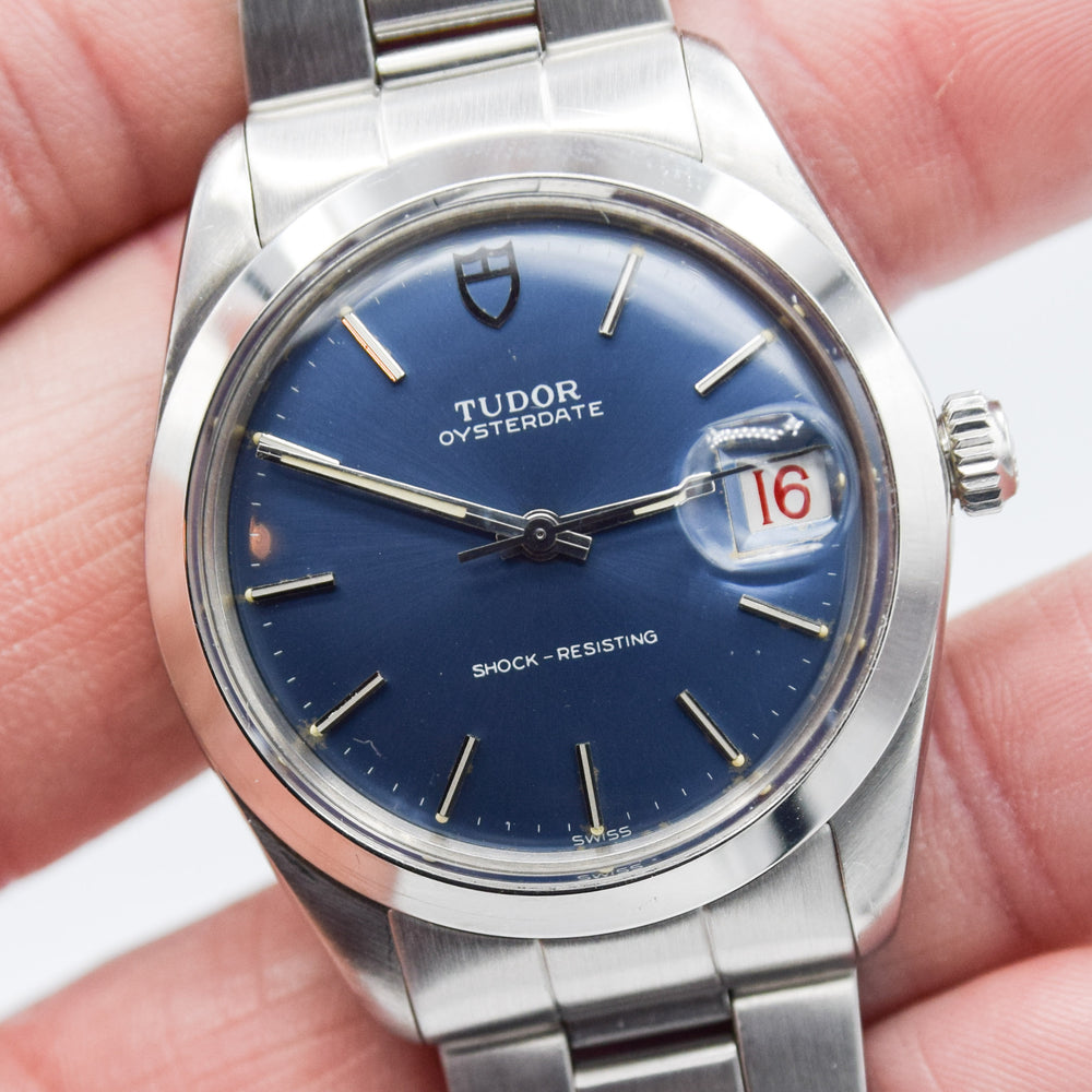 1968 Tudor Oyster Date Manual Wind Wristwatch Model 7992 with Metallic Blue Dial and Roulette Date on Original Bracelet