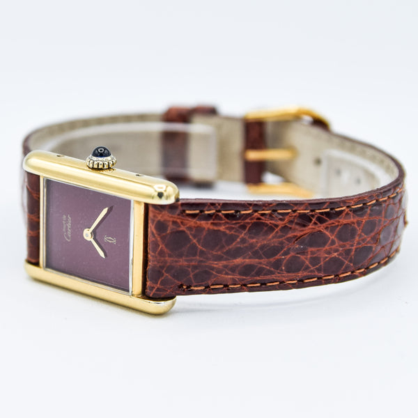 1979 Cartier Ladies Tank Mechanical with Unique Burgundy Red Patina Dial in 925 Sterling Silver Gilt Vermeil Case with Box and Papers