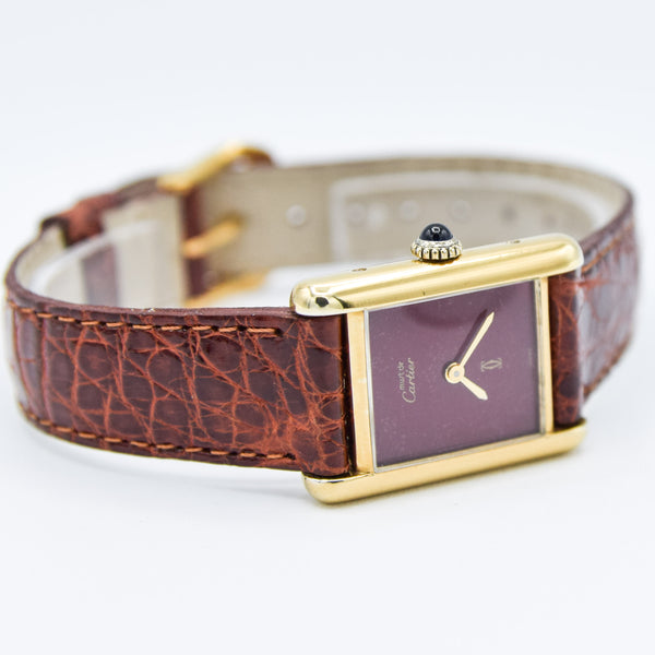 1979 Cartier Ladies Tank Mechanical with Unique Burgundy Red Patina Dial in 925 Sterling Silver Gilt Vermeil Case with Box and Papers
