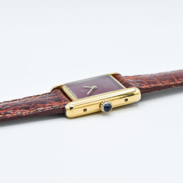 1979 Cartier Ladies Tank Mechanical with Unique Burgundy Red Patina Dial in 925 Sterling Silver Gilt Vermeil Case with Box and Papers