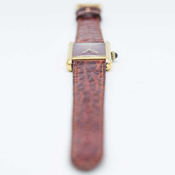 1979 Cartier Ladies Tank Mechanical with Unique Burgundy Red Patina Dial in 925 Sterling Silver Gilt Vermeil Case with Box and Papers