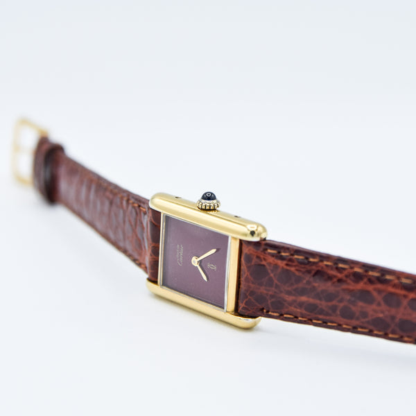1979 Cartier Ladies Tank Mechanical with Unique Burgundy Red Patina Dial in 925 Sterling Silver Gilt Vermeil Case with Box and Papers