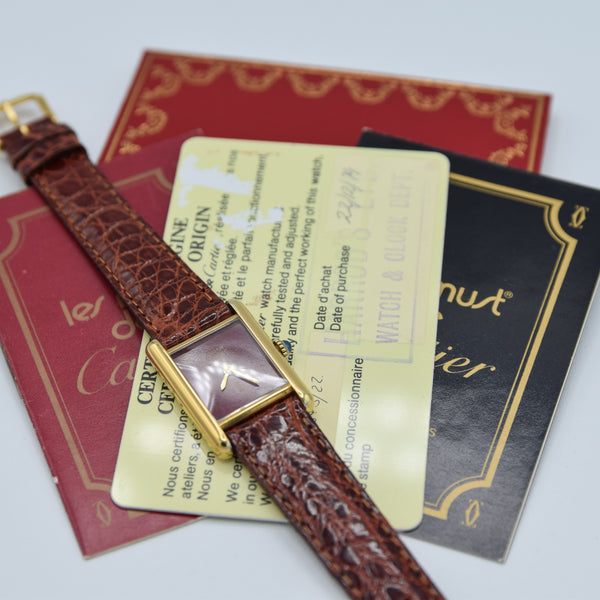 1979 Cartier Ladies Tank Mechanical with Unique Burgundy Red Patina Dial in 925 Sterling Silver Gilt Vermeil Case with Box and Papers