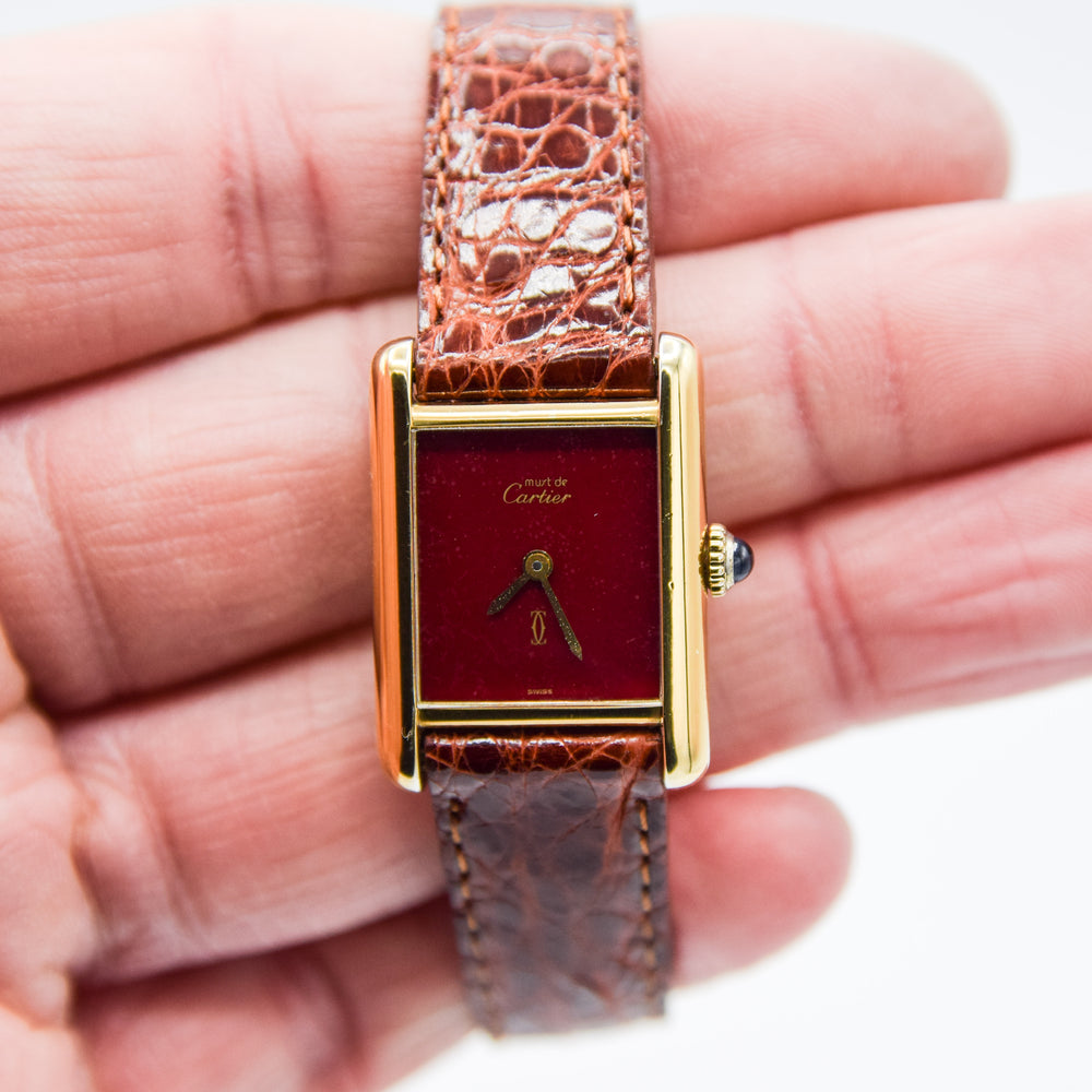 1979 Cartier Ladies Tank Mechanical with Unique Burgundy Red Patina Dial in 925 Sterling Silver Gilt Vermeil Case with Box and Papers