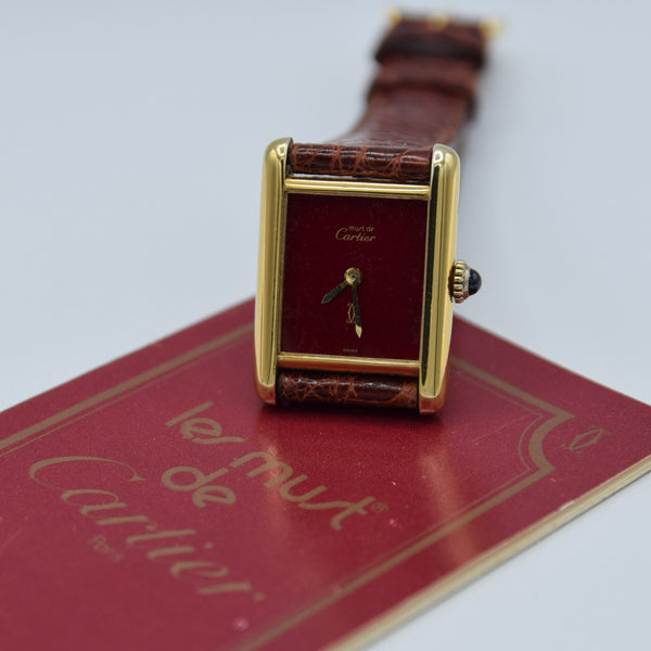 1979 Cartier Ladies Tank Mechanical with Unique Burgundy Red Patina Dial in 925 Sterling Silver Gilt Vermeil Case with Box and Papers
