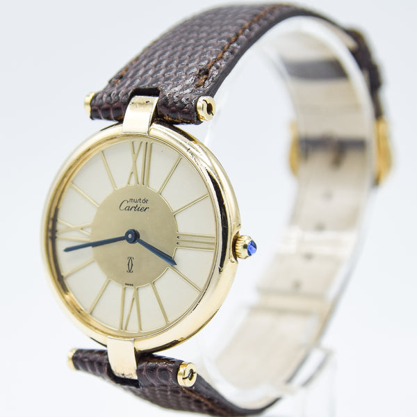 1990s Cartier 'Must de' Ronde Vendôme with Spider Web Dial in 925 Silver Gilt Vermeil Case with Cartier Buckle