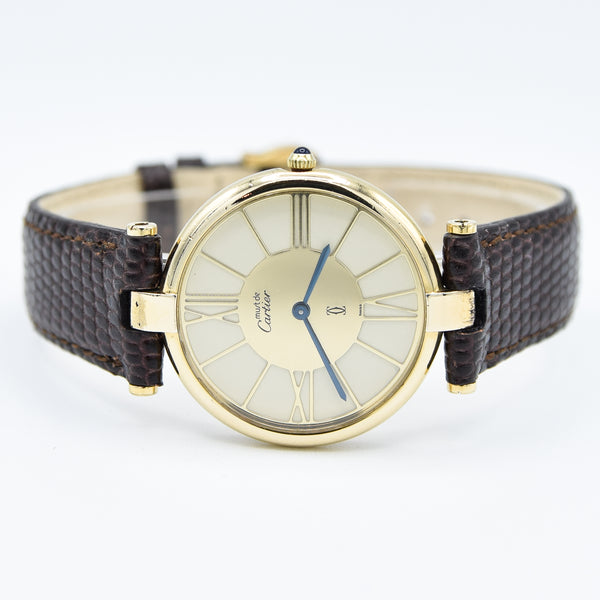 1990s Cartier 'Must de' Ronde Vendôme with Spider Web Dial in 925 Silver Gilt Vermeil Case with Cartier Buckle