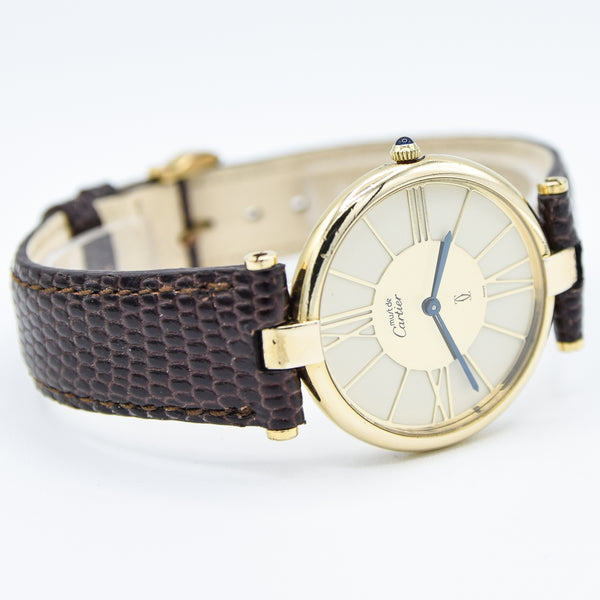 1990s Cartier 'Must de' Ronde Vendôme with Spider Web Dial in 925 Silver Gilt Vermeil Case with Cartier Buckle