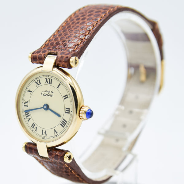 1990s Ladies Cartier 'Must de' Ronde Vendôme with Ivory Roman Numeral Dial in 925 Silver Gilt Vermeil Case