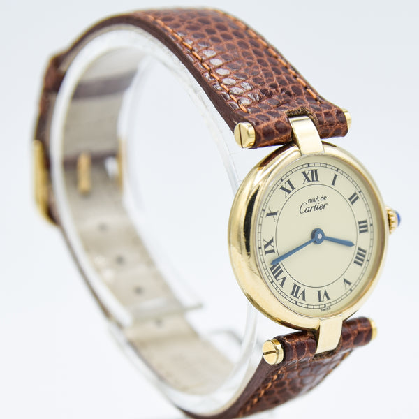 1990s Ladies Cartier 'Must de' Ronde Vendôme with Ivory Roman Numeral Dial in 925 Silver Gilt Vermeil Case