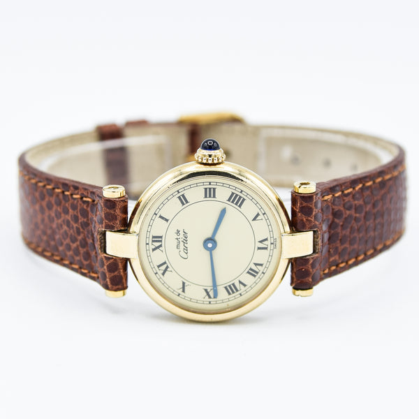 1990s Ladies Cartier 'Must de' Ronde Vendôme with Ivory Roman Numeral Dial in 925 Silver Gilt Vermeil Case