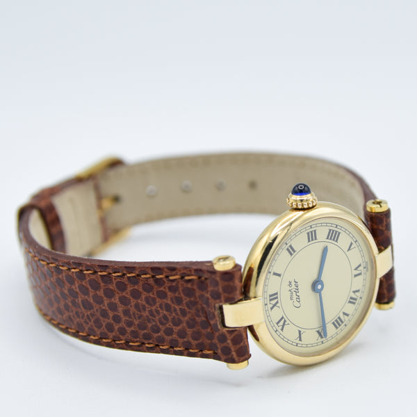 1990s Ladies Cartier 'Must de' Ronde Vendôme with Ivory Roman Numeral Dial in 925 Silver Gilt Vermeil Case