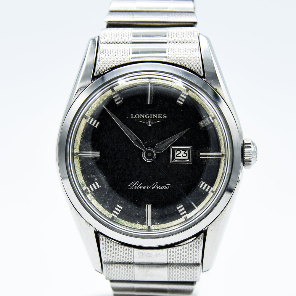 1958 Longines Silver Arrow Model 9104 with Tropicalised Black Dial in Stainless Steel on Rare Longines Fixoflex Bracelet & Archive Extract
