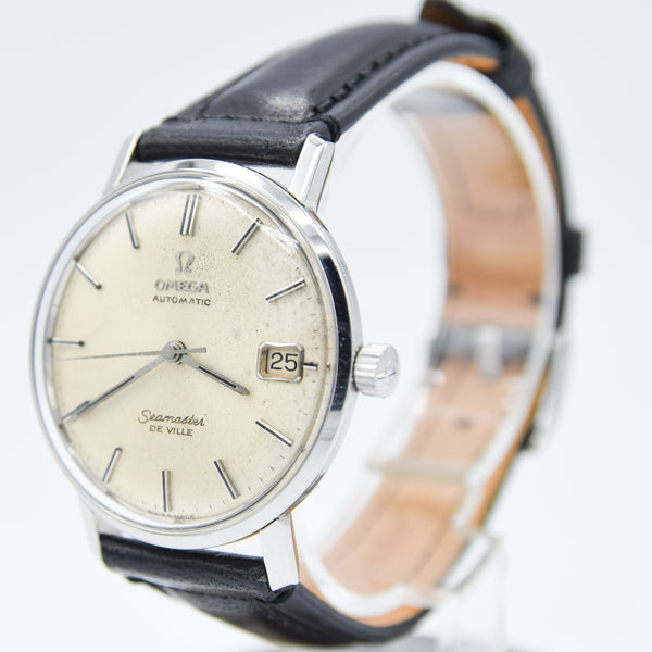 1966 Omega Automatic Seamaster De Ville Date Model 166.020 Wristwatch with Patina Dial and Hippocampus Back in Stainless Steel