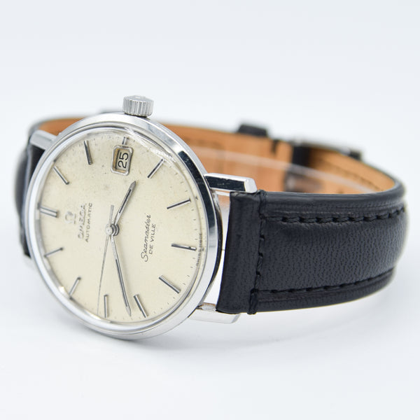 1966 Omega Automatic Seamaster De Ville Date Model 166.020 Wristwatch with Patina Dial and Hippocampus Back in Stainless Steel