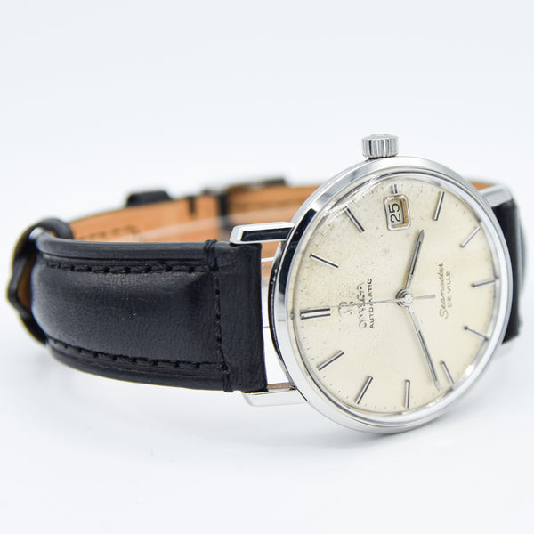 1966 Omega Automatic Seamaster De Ville Date Model 166.020 Wristwatch with Patina Dial and Hippocampus Back in Stainless Steel