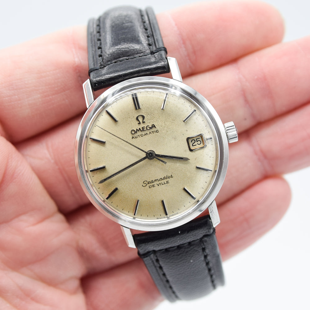 1966 Omega Automatic Seamaster De Ville Date Model 166.020 Wristwatch with Patina Dial and Hippocampus Back in Stainless Steel